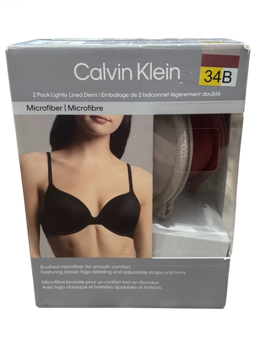 NWT Calvin Klein 2 Pk Microfiber Lightly Lined Demi Bras Champagne,Burgundy 34B
